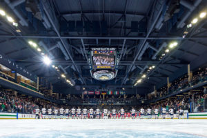 January 19, 2018; Players stand for the national anthem at a hockey game