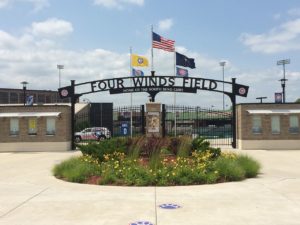 A windy day in front of the main entry Four Winds Field, home of the south bend cubs